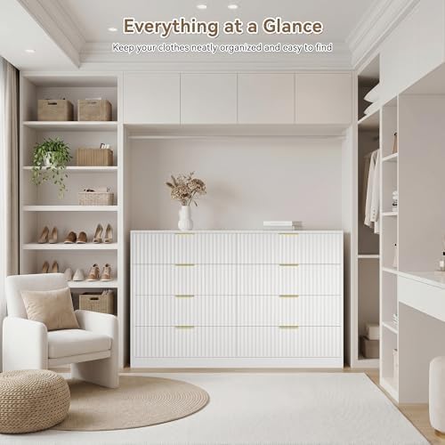 White 8 Drawer Dresser for Bedroom, 55" Wide Fluted Chest of Drawers with Gold Metal Handles, Modern Wooden Dresser, Closet Storage Organizer Mid Century TV Stand for Living Room Hallway - Image 3