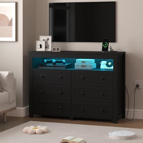 Wodeer Black Dresser 6 Drawer Dressers for Bedroom with LED Lights, Charging Station, Wood Chest of Drawers with Metal Handles, Modern TV Stand Storage Cabinet for Living Room, Hallway, Entryway by WODEER