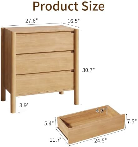 CHUWELL 27.6" Wide Oak 3 Drawer Dresser for Bedroom with Solid Wood Legs - Image 2