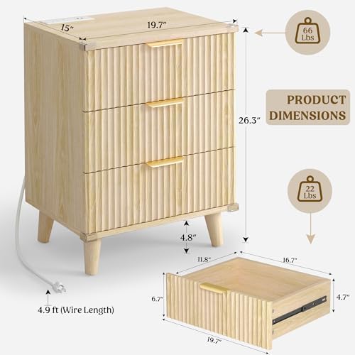 3 Drawers Nightstands Set of 2 w/Charging Station, Modern Fluted Dresser - Image 3