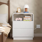 BORNOON Dresser with 2 Drawers and Charging Station, Fluted Bedside Table with Round Curved Corner, Hidden Handles, 2 AC Outlets and 2 USB Ports, Modern Wood End Table with Open Shelf for Bedroom - Image 7