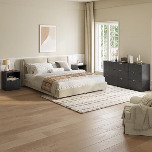 3-Piece 9 Drawer Dresser and 1-Drawer Nightstand Set, Black丨63 Wide Fluted Bedroom Dresser Set Night Stand Set of 2, Modern Wood Chest of Drawers Storage Dressers Set for Bedroom - Image 2