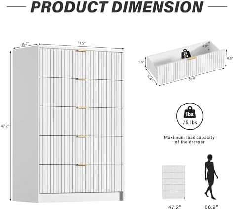 Furniway White Dresser for Bedroom, Modern Dresser with 5 Drawers and Smooth Slides, Wide Chest of Drawers with Golden Handles for Bedroom, Living Room, Closet, 15.7" D x 31.5" W x 47.2" H - Image 2