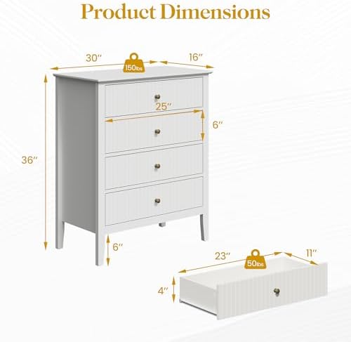 RoyalCraft White Fluted 4 Drawer Dresser for Bedroom, Modern Chest of Drawers, Wood Dresser for Storage Clothes, Wooden Storage Cabinet Nightstand for Bedroom, Hallway, Living Room, Entryway - Image 2