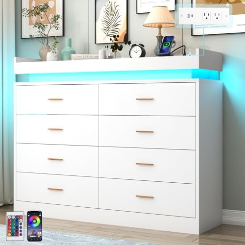Hlivelood 8 Drawer Dresser with LED Light and Charging Station, Modern Chest of Drawers for Closet, Wide Drawer Organizer Cabinet for Bedroom, Living Room, Entryway, Hallway(White) by Hlivelood