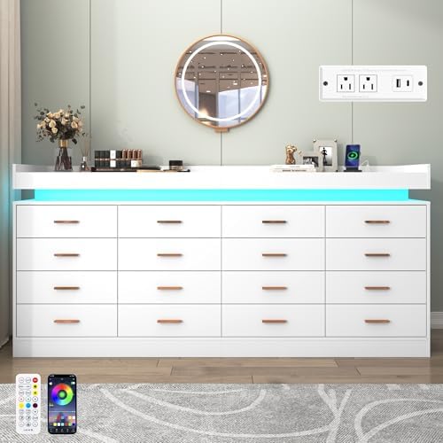 Hlivelood 16 Drawer Dresser with LED Light and Charging Station, Modern Chest of Drawers for Closet, Wide Drawer Organizer Cabinet for, Living Room, Entryway, Hallway, White - Image 3