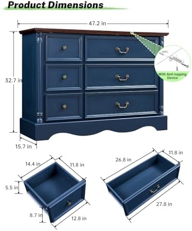 Farmhouse 6-Drawer Dresser with Charging Station for Bedroom - Image 2