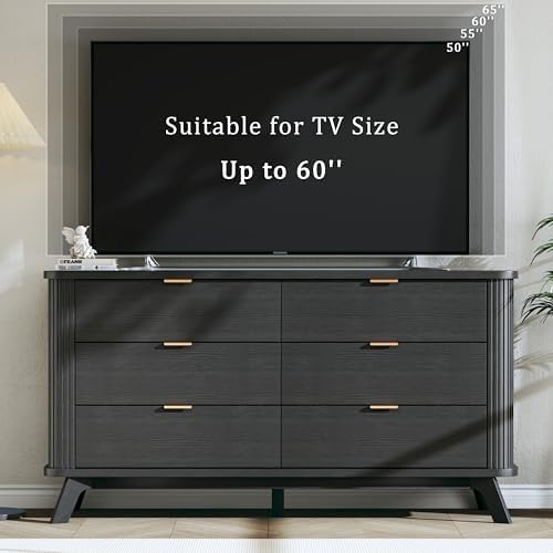 HUAHUU Fluted 6 Drawers Dresser for Bedroom, 55" Mid Century Modern & Chests of Drawers, Curved Profile Design, TV Stand, Wood Storage Dresser for Entryway, Hallway, Black - Image 7
