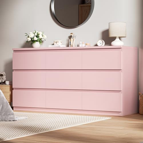 Pink 9 Drawer Dresser for Bedroom,Modern Wood Dressers & Chest of Drawers with No-Handle Design, Long Dressers for Closet Living Room,Nursery,Hallway (59.06 * 32.28 * 14.57 in) by Unknown