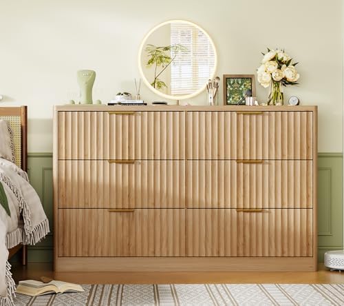 TEENFON Fluted 6 Drawer Dresser for Bedroom, Wide Modern Chest of Drawers with Metal Handle, Curved Profile Design, Wood Closet Clothes Storage Organizer for Bedroom, Hallway, Natural - Image 3