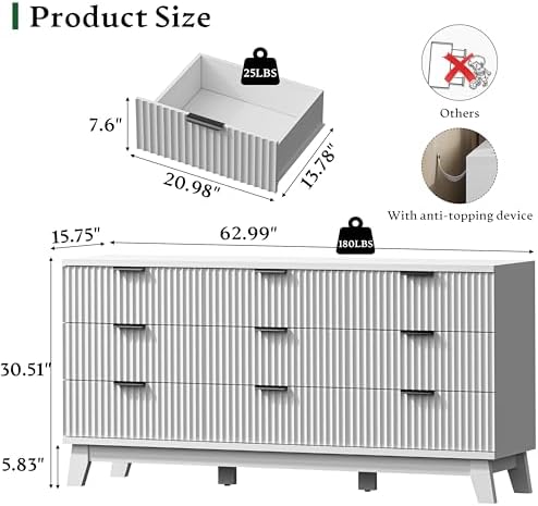 Xixini Fluted Dresser with 9 Drawers, 63" Wide Modern Chest of Drawers with Metal Handle, Wooden Dresser TV Stand, Wood Closet Clothes Storage Organizer for Bedroom, Living Room, Hallway, Solid White - Image 2