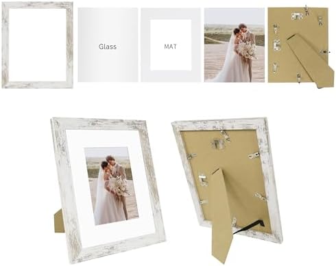Hongkee 8x10 Picture Frame Set of 4, Made of Real Glass and Distressed White Wooden Frame, 8 by 10 Photo for Wall or Tabletop - Display Picture 5x7 with Mat or 8x10 Without Mat (Pack of 2) - Image 2
