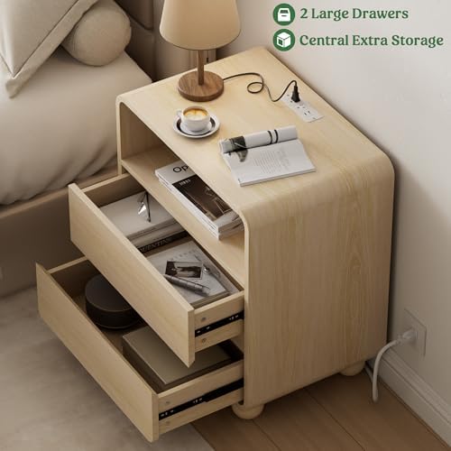 Lulive Night Stand, Bedside End Table with Charging Station, Natural - Image 3