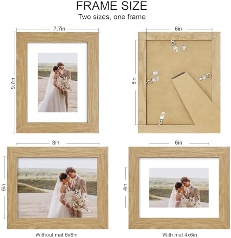 Hongkee 6x8 Picture Frame Set of 4, Made of Real Glass and Natural Oak Frame - Display Picture 4x6 with Mat or 6x8 Without Mat, 6 by 8 Photo for Wall or Tabletop - Image 2