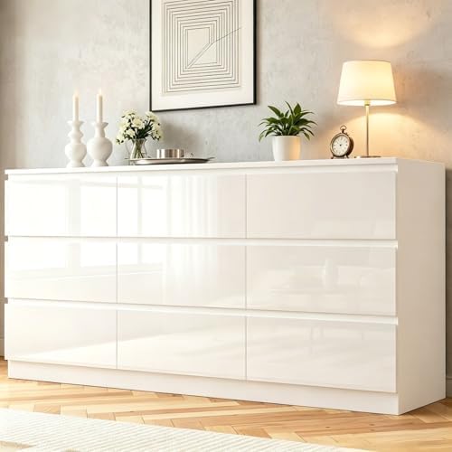 70 INCH 9 Drawers Dresser with Charging Station, Modern Large Dresser with 9 Handle Free Drawers, Wood Storage Chest of Drawers for Bedroom, Living Room, Entryway, Hallway, White by DalyLuxa