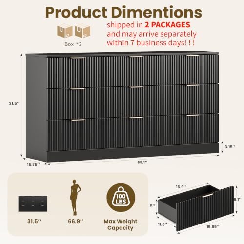 MALOL Fluted 9 Drawer Dresser for Bedroom, 59" Wide Wood Chest of Drawers with Metal Handle, Long Dresser Storage Organizer TV Stand for Closet, Living Room, Hallway, Black - Image 2