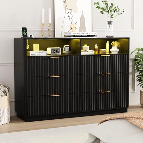 VOWNER Fluted 6 Drawers Dresser for Bedroom Chest of Drawers with 2 Shelves by VOWNER
