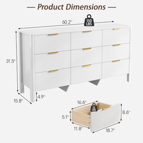 Fluted 9 Drawer Dresser, 60" Wide High Gloss Dresser for Bedroom - Image 2