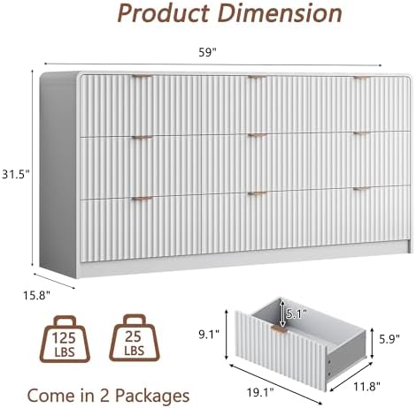 HOUROM 59” Wide White Fluted Dresser for Bedroom with 9 Drawers - Image 2