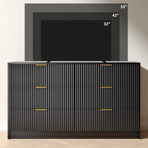 Black Dresser with 6 Drawer 55" Wide Fluted Dresser for Bedroom丨Modern Chest of Drawer with Metal Handles, Wood TV Stand for Bedroom, Living Room, Entryway, Hallway, Black - Image 7