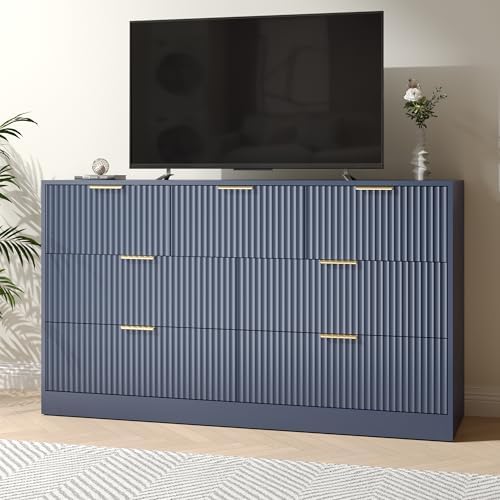 Blue Dresser with 7 Drawer 55" Wide Fluted Dresser for Bedroom丨Modern Chest of Drawer with Metal Handles, Wood TV Stand for Bedroom, Living Room, Entryway, Hallway, Blue - Image 3
