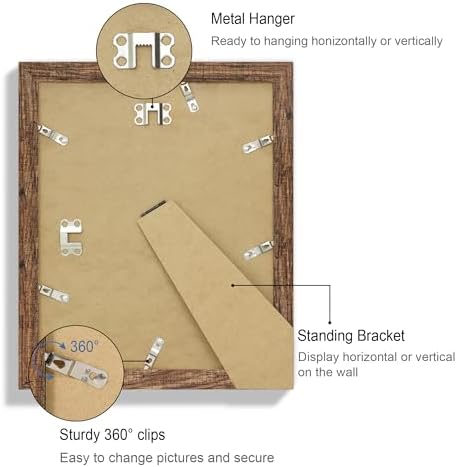 Hongkee 9x11 Picture Frame Set of 4, Made of Real Glass and Rustic Brown Frame - Display Picture 7x9 with Mat or 9x11 Without Mat, 9 by 11 Photo for Wall or Tabletop - Image 5