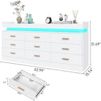Hlivelood 9 Drawer Dresser with LED Light and Charging Station, Modern Chest of Drawers for Closet, Wide Drawer Organizer Cabinet for Bedroom, Living Room, Entryway, Hallway(9 Drawer White) - Image 2