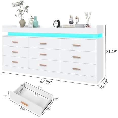 Hlivelood 9 Drawer Dresser with LED Light and Charging Station, Modern Chest of Drawers for Closet, Wide Drawer Organizer Cabinet for Bedroom, Living Room, Entryway, Hallway(9 Drawer White) - Image 2