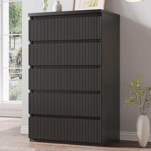 Jocoevol 5 Drawer Dresser, 43" Tall Dresser Chest of Drawers Fluted Design, Wood Mid Century Vertical Dresser Natural Texture for Bedroom, Black Dresser by JOCOEVOL