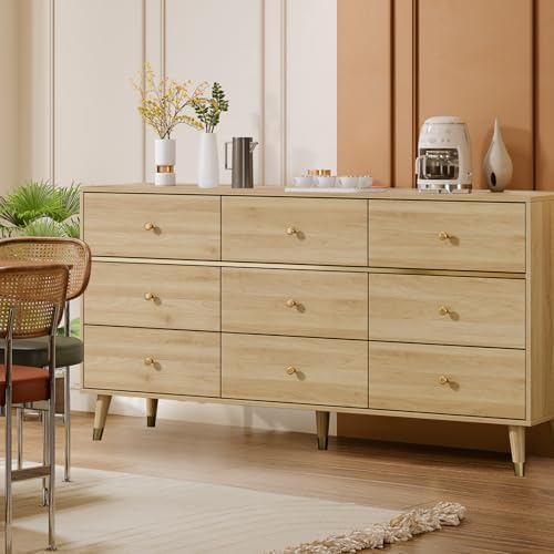 Chrangmay 9 Drawer Dresser,63" Wide Mid Century Modern Chest of Drawers,Wooden Bedroom Drawer Dresser with 9 Storage Drawers for Bedroom, Living Room,with Anti-Tipping Device,Natural - Image 6