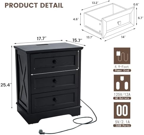 Farmhouse 3 Drawers Dresser for Bedroom,Black Dresser with Charging Station - Image 2