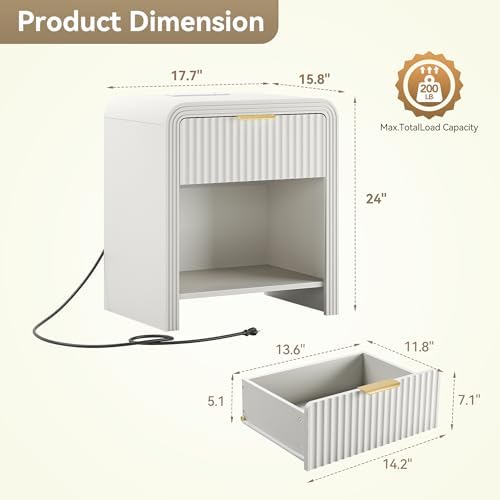 Decofy Fluted 1-Drawer Nightstand Set of 2 with Charging Station, White - Image 3