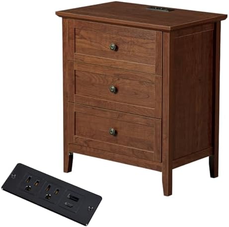 Karl home Brown Farmhouse Nightstand, Wide End Table with Charging Station by Karlhome