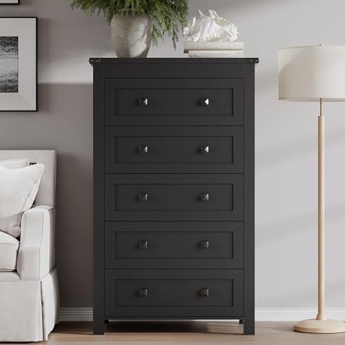 BORNOON Tall 5-Drawer Dresser, Modern Wooden Storage Chest of Drawers, Dresser TV Stand, Wood Drawer Organizer with Metal Handles for Bedroom, Living Room, Hallway - Image 3
