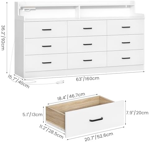 Bigbiglife 9 Drawer Dresser with Built in Power Outlet and LED Light, Modern Chest of Drawers for Bedroom, Triple Wide Drawer Organizer Cabinet for Living Room, Entryway, Hallway, Antique White - Image 2