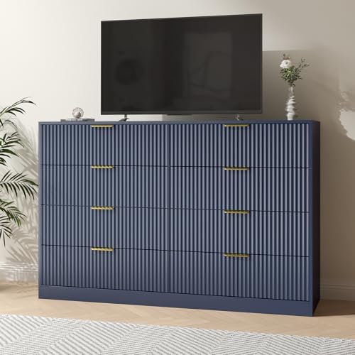 Blue Fluted Dresser Bedroom with 8 Drawer,55” Wide White Double Drawer Dresser Modern Chest of Drawers with Gold Handles,Wood TV Stand for Bedroom,Living Room (Blue, 8 Drawer Dresser) - Image 3