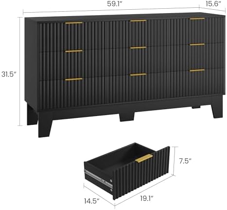 GarveeHome 59" Wide Fluted 9 Drawers Dresser, Black - Image 2