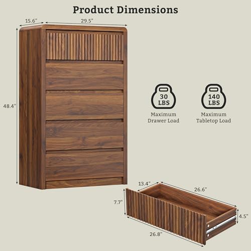 LYNSOM Walnut Fluted 5 Drawer Dresser for Bedroom, Curved Edge, 48" Tall - Image 2