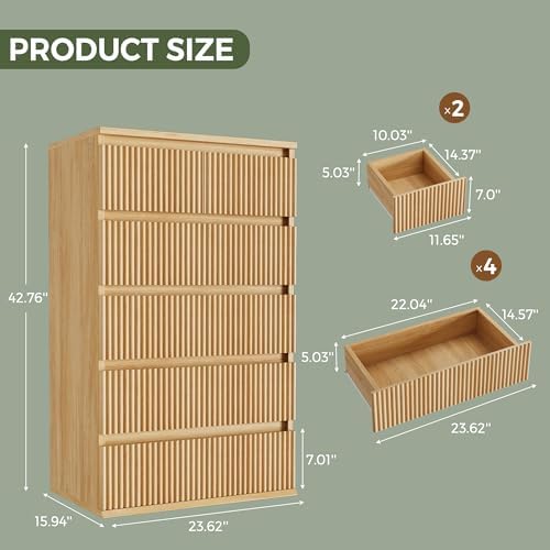 Jocoevol Fluted 6 Drawer Dresser for Bedroom, Modern Wood Chest of Drawers, Tall Storage Dresser with Deep Drawers, Handleless Floor-Standing Dresser for Bedroom, Living Room, Entryway, Natural Oak - Image 2