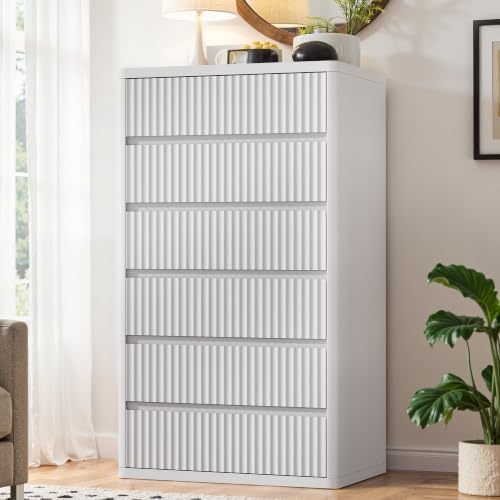 Standifurno White 56" Tall Dresser for Bedroom, Fluted Vertical Dresser with 6 Deep Drawers, Modern Chest of Drawers with Curved Profile, Wooden Drawer Organizer for Living Room, Hallway, Closet by StandifurnoFurniture