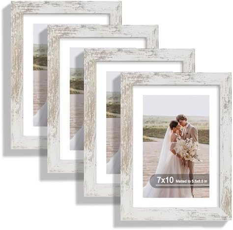 Hongkee 7x10 Picture Frame Set of 4, Made of Real Glass and Distressed White Frame - Display 5.5 x 8.5 Diploma Frame with Mat or 7x10 Without Mat, 7 by 10 Photo for Wall or Tabletop by Hongkee