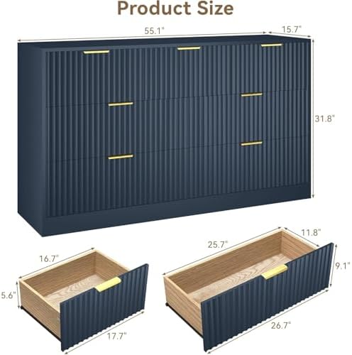Navy Blue 7 Drawer Dresser for Bedroom, 55" Wide Fluted Chest of Drawers with Gold Metal Handles, Modern Wood Dresser Closet Storage Organizer Mid Century TV Stand for Living Room Hallway - Image 2