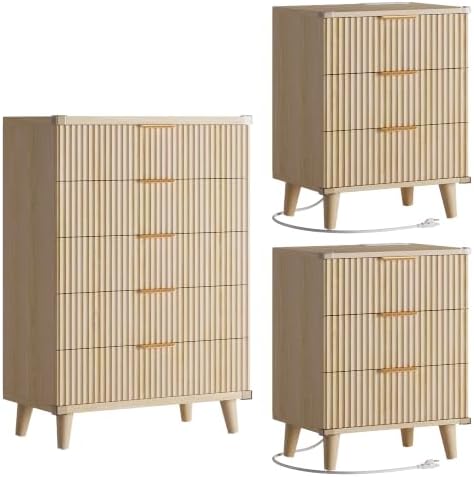 Modern Dresser and Nightstand Sets 3-Piece, 2 Nightstands 5-Drawer Dresser by Lulive