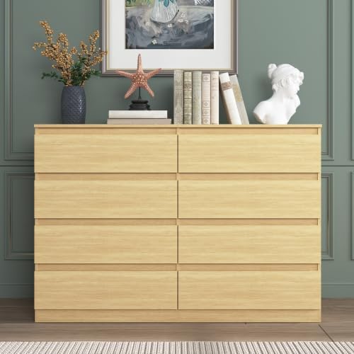 Vibe & Dine 8 Drawer Double Dresser, Modern Chest of Drawers with Wide Storage for Closet, Bedroom, Living Room, Natural Wood - Image 2