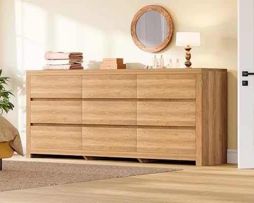 TEENFON 63" Dresser for Bedroom with 9 Drawers, Modern Dressers & Chests of Drawers with Thicker Panels, Wooden Dresser TV Stand, Bedroom Dressers, for Bedroom, Hallway, Natural - Image 2