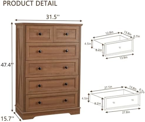 Farmhouse 6 Drawers Dresser Chests for Bedroom, Natural Oak Wood Dressers - Image 2