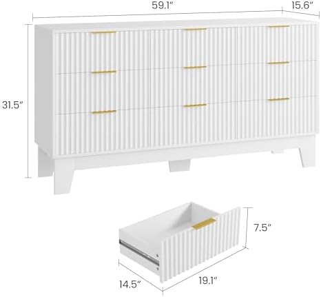 GarveeHome 59" Wide Fluted 9 Drawers Dresser, White - Image 2