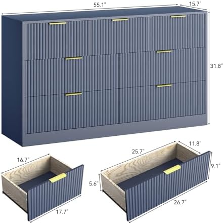 7 Drawer Fluted Dresser with Deep Drawers for Bedroom, Blue丨55 Wide Mid Century Dresser, Modern Chest of Drawers, Wood TV Stand Storage Organizer for Closet, Living Room, Hallway - Image 2