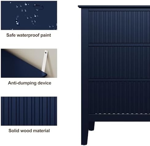 RoyalCraft 32" Large Nightstand, Fluted Painted Wood Dresser with 3 Spacious Drawers, Blue Modern Bedside Table for Bedroom - Image 5