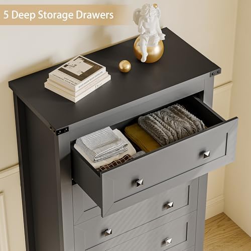Wodeer Black Dresser Tall 5 Drawer Dresser for Bedroom, Wooden Dressers & Chests of Drawers with Metal Handles, Modern Storage Cabinet and Organizer Drawers for Bedroom, Hallway, Entryway - Image 6
